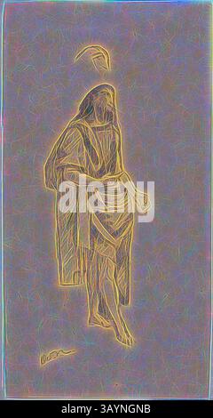 Une figure ornée d'armures anciennes se tient debout, révélant des détails complexes de leur vêtement et accessoires. Le personnage dégage un sentiment de force et de grâce, capturant un moment qui se sent à la fois intemporel et héroïque. Saint Jean-Baptiste, avec croquis de tête, s.d., Odilon Redon (français, 1840-1916), d'après Raffaello Sanzio, baptisé Raphael (italien, 1483-1520), Italie, graphite sur papier tissé tan, 159 x 83 mm Art classique avec une touche moderne réinventée par Artotop Banque D'Images