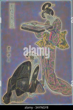 Une scène traditionnelle mettant en scène une femme dans un kimono élaboré présentant un plateau à un homme agenouillé vêtu d'une tenue habillée, avec des motifs complexes et des couleurs vives soulignant leurs vêtements. L'œuvre capture un moment de grâce et d'élégance culturelle. Acteur agenouillé et beauté debout tenant un plateau de vêtements, de la série Fuji in Summer Matched with Beautiful Women (Natsu no Fuji bijin awase), 1801, Utagawa Toyokuni i 初代 歌川 豊国, japonais, 1769–1825, Japon, impression couleur sur bois, oban, 14 1/2 x 10 po. Art classique avec une touche moderne réinventé par Artotop Banque D'Images