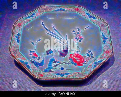 Une assiette ornée présente des motifs floraux complexes et un oiseau gracieusement représenté, mettant en valeur un mélange de couleurs vives et de motifs artistiques. La forme octogonale ajoute une touche unique au savoir-faire traditionnel. Arita-ware Kakiemon plat octogonal, XIXe–début XXe siècle, Japon, porcelaine avec décoration émaillée, 4,9 x 22,2 cm Art classique avec une touche moderne réinventée par Artotop Banque D'Images