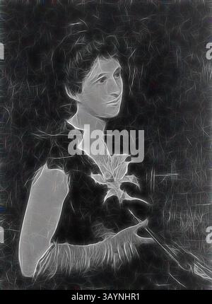 Une femme se tient gracieusement, ornée d'un vêtement délicat, tenant une fleur près de sa poitrine. Son expression transmet un sentiment de calme et d'introspection, tandis que l'arrière-plan ajoute une qualité onirique et éthérée à la scène. Portrait de MRS Charles L. Hutchinson, 1890, Jules-Élie Delaunay, français, 1828-1891, France, huile sur toile, 78,9 × 60 cm (31 1/16 × 23 5/8 po.) Art classique avec une touche moderne réinventé par Artotop Banque D'Images