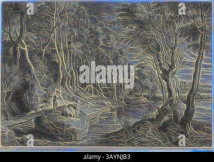 Un paysage serein avec des arbres entrelacés et un cours d'eau qui coule doucement, entouré d'un jeu captivant de lumière et d'ombre, évoque un sentiment de tranquillité et la beauté complexe de la nature. Forêt traversée par un ruisseau, des petits paysages, vers 1638, Schelte Adamsz. Bolswert (néerlandais, actif en Flandre, c. 1586-1659), d'après Peter Paul Rubens (flamand, c. 1577-1640), Flandre, gravure sur papier peint à la crème, 304 × 443 mm (image), 317 × 450 mm (plaque/feuille) Art classique avec une touche moderne réinventée par Artotop Banque D'Images