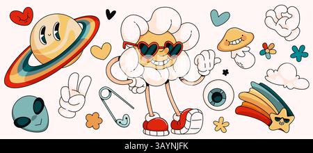 Ensemble de personnages d'été arc-en-ciel rétro - personnage joyeux et souriant en forme de Marguerite dans des lunettes de soleil en forme de coeur, planète Saturne, tête extraterrestre, fleurs et gestes des mains. stickers groovy hippie vibes de dessin animé des années 70. Illustration de Vecteur