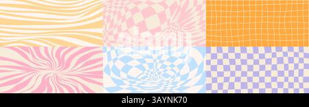 Ensemble de motifs de vagues groovy - vortex spiralé psychédélique, grille à carreaux, fond de soleil rayé. Impressions d'illusion d'optique avec des effets hypnotiques et déformés. Collection de graphismes rétro de style funky des années 60. Illustration de Vecteur