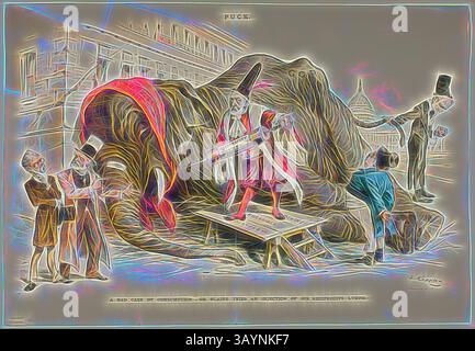 Une caricature politique représente un grand éléphant vaincu symbolisant un état de choses troublant, tandis que divers personnages, y compris des législateurs et des citoyens, s'engagent autour de lui, exprimant inquiétude et critique. La scène illustre les défis de la gouvernance et du sentiment public, soulignant le poids des décisions politiques. A Bad case of Consumption, de Puck, 1890, Joseph Keppler, américain, 1838-1894, États-Unis, lithographie couleur sur papier journal, 345 x 505 mm Art classique avec une touche moderne réinventée par Artotop Banque D'Images