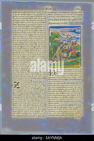 Un texte ancien présente des illustrations détaillées et complexes, représentant des personnages engagés dans une scène historique ou mythique au milieu d'un paysage pittoresque de collines et d'arbres. Le texte environnant, écrit dans une police traditionnelle, transmet un récit ou un commentaire lié aux visuels. Comment le cœur sera perfectionné par Dieu de Der beschlossen gart des rosenkratz marie, planche vingt de gravures sur bois des livres du XVIe siècle, 1505, assemblé en portfolio 1937, Hans Leonhard Schäuffelein (allemand, 1480/90-1538/40), assemblé par Max Geisberg (suisse, 1875-1943), Allemagne, gravé sur bois coloré à la main sur papier Banque D'Images