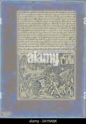 Une page complexe comportant un bloc de texte dans une police stylisée, accompagnée d'une illustration détaillée représentant une scène avec des personnages engagés dans une activité dynamique au milieu d'un cadre naturel, encadrée par un fond architectural. La composition reflète un mélange d'éléments littéraires et artistiques, capturant à la fois narratif et imaginaire. Illustration de Romische Historien de Titus Livius, planche 30 de gravures sur bois de livres du XVIe siècle, 1505, Assemblée en portfolio 1937, artiste inconnu (allemand, XVIe siècle), Assemblée par Max Geisberg (suisse, 1875-1943), Allemagne, gravure sur bois sur papier, 119 Banque D'Images