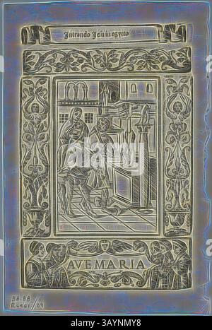 Une pièce magnifiquement ornée représentant une scène avec deux figures près d'un pilier, entourée de motifs floraux complexes et complétée par le texte « AVE MARIA » en bas. Vol en Egypte de Rosario della V. Maria par Castellanus, planche 89 de gravures sur bois de livres du XVI siècle, 1539, Assemblée en portfolio 1937, artiste inconnu (italien, XVIe siècle), Assemblée par Max Geisberg (suisse, 1875-1943), Italie, gravure sur bois, 133 x 81 mm (image), 156 x 103 mm (feuille) Art classique avec une touche moderne réinventée par Artotop Banque D'Images