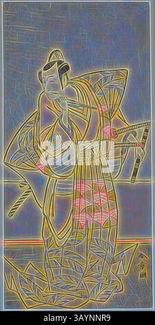 Une représentation magnifiquement stylisée d'un personnage traditionnel habillé dans une tenue élégante, tenant gracieusement un ventilateur. Les motifs complexes et les lignes fluides créent un sentiment de mouvement, capturant l'essence de l'art culturel. L'acteur Ichikawa Danjuro V comme Chichibu no Shigetada, c. 1773, Katsukawa Shunsho 勝川 春章, japonais, 1726-1792, Japon, impression couleur sur bois, hosoban, à partir d'une composition multicouche ( ?), 28,7 x 13,8 cm (11 5/16 x 5 7/16 po) Art classique avec une touche moderne réinventé par Artotop Banque D'Images