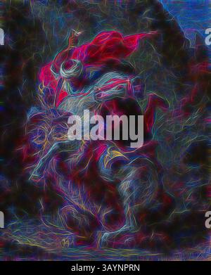 Une scène dynamique représentant une figure à cheval, ornée de vêtements fluides, entourée d'un jeu vibrant de couleurs. Les lignes tourbillonnantes et les textures évoquent un sentiment de mouvement et d’énergie, suggérant un moment dramatique d’action ou de confrontation. Cavalier arabe attaqué par un lion, 1849/50, Eugène Delacroix, Français, 1798-1863, France, huile sur panneau, 43,81 × 38,1 cm (17 1/4 × 15 in.) Art classique avec une touche moderne réinventé par Artotop Banque D'Images