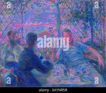 Un rassemblement dynamique d'amis autour d'une table, avec une conversation animée et des rires partagés, entouré d'un fond de motifs créatifs et de couleurs qui évoquent un sentiment de joie et de connexion. Déjeuner au Restaurant Fournaise, 1875, Pierre-Auguste Renoir, français, 1841-1919, France, huile sur toile, 55 × 65,9 cm (21 5/8 × 25 15/16 po.) Art classique avec une touche moderne réinventé par Artotop Banque D'Images