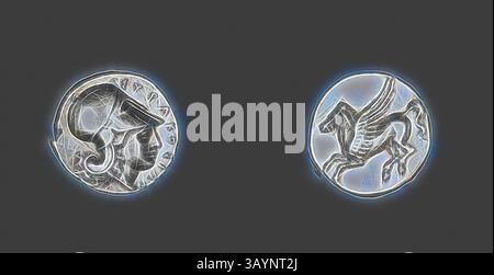 Deux pièces anciennes, l'une représentant un profil stylisé d'une figure féminine ornée de détails complexes, et l'autre représentant un cheval ailé mythique. Les conceptions mettent en valeur un savoir-faire artisanal et une signification historique. Stater (pièce) représentant la déesse Athéna, 345/317 av. J.-C., grecque, frappée à Syracuse, Sicile, Syracuse, argent, Diam. 2 cm, 8,65 g Art classique avec une touche moderne réinventée par Artotop Banque D'Images