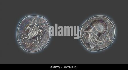 Deux pièces anciennes sont montrées, chacune présentant des motifs complexes. Une pièce présente une créature mythique, tandis que l'autre présente un emblème unique, tous deux caractérisés par leur artisanat détaillé et leur importance historique. Stater (coin) représentant Pegasus Flying, 4ème / 3ème siècle av. J.-C., grec, Corinthe, argent, diam. 2,4 cm, 8,40 g Art classique avec une touche moderne réinventée par Artotop Banque D'Images