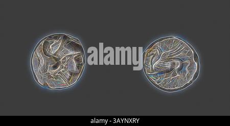 Deux pièces circulaires présentent des motifs complexes, avec des gravures détaillées de créatures mythiques. Les textures de surface créent une sensation de profondeur, tandis que les couleurs vibrantes soulignent l'art et le savoir-faire des pièces. Stater (pièce) représentant la déesse Athéna, 317/310 av. J.-C., grec, Syracuse, argent, diam. 2 cm, 8,66 g Art classique avec une touche moderne réinventée par Artotop Banque D'Images