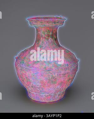 Un vase magnifiquement conçu orné de motifs complexes et colorés qui ressemblent à des fils délicats, créant un effet visuel saisissant et vibrant. Sa forme élégante et son design détaillé en font une pièce captivante de déplacé Bocal globulaire avec poignées d'anneau de masque ocre, dynastie Han (206 av. J.-C.–A.D. 220), Chine, faïence avec décoration moulée sous glaçure et glaçage vert plomb, H. 39,1 cm (15 3/8 po), diam. 30,7 cm (12 1/8 po) Art classique avec une touche moderne réinventé par Artotop Banque D'Images