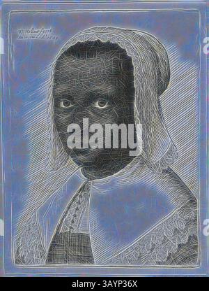 Un portrait historique montre une figure portant un couvre-chef traditionnel et un collier en dentelle. Le regard captivant et les textures détaillées créent un sentiment de profondeur et d'intrigue, invitant les spectateurs à réfléchir à l'histoire derrière l'image. Tête d'une femme noire avec un chapeau de Kerchief en dentelle, 1645, Wenceslas Hollar, Tchèque, 1607-1677, Bohême, gravure sur papier ivoire, 77 × 58 mm (plaque), 83 × 63 mm (feuille) Art classique avec une touche moderne réinventée par Artotop Banque D'Images