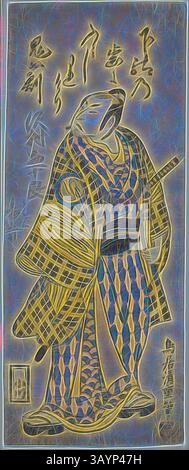 Un personnage stylisé habillé de vêtements traditionnels, orné de motifs complexes et de couleurs vives, se tient en confiance tout en tenant une arme. L'arrière-plan présente des dessins abstraits fluides qui améliorent le flair artistique. Les caractères japonais traditionnels complètent la composition, ajoutant de la profondeur culturelle. L'acteur Sawamura Sojuro II, c. 1750, Torii Kiyoshige, japonais, actif c. 1728-1763, Japon, impression sur bois couleur, hosoban, benizuri-e, 13 3/8 x 5 1/2 po. Art classique avec une touche moderne réinventé par Artotop Banque D'Images