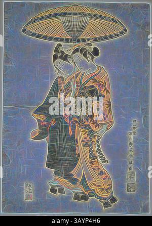 Deux personnages élégamment habillés ornés de vêtements traditionnels, marchant étroitement ensemble sous un parasol orné. Leur tenue complexe présente des motifs vibrants, et la toile de fond améliore l'élégance de leurs mouvements. La conception globale évoque un sentiment de grâce et d'harmonie. Les acteurs Sanogawa Ichimatsu I et Segawa Kikunojo I comme amoureux sous un parapluie, c. 1740s, Ishikawa Toyonobu, japonais, 1711-1785, Japon, impression sur bois couleur, oban, benizuri-e, 16 3/4 x 11 3/4 po. Art classique avec une touche moderne réinventé par Artotop Banque D'Images