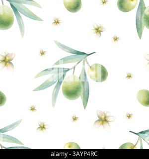 Branches d'olivier avec des feuilles, des fruits et des fleurs motif aquarelle sans couture. Verdure botanique dessinée à la main illustration isolée avec des olives vertes pour une nourriture saine et un emballage cosmétique naturel. Banque D'Images