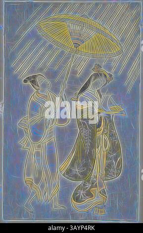 Deux personnages habillés en tenue traditionnelle sont représentés marchant sous la pluie. Un personnage tient un grand parapluie, tandis que l'autre tient un petit livre. Leurs vêtements élégants et leurs positions gracieuses transmettent un sentiment de patrimoine culturel et de sérénité au milieu de l'averse. Parodie de Komachi priant pour la pluie, 1765, attribuée à Ishikawa Toyonobu, japonais, 1711-1785, Japon, gravure sur bois couleur, chuban, benizuri-e, 11 1/8 x 7 po. Art classique avec une touche moderne réinventé par Artotop Banque D'Images