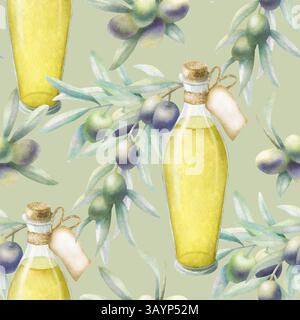 Huile d'olive dans une bouteille en verre avec étiquette et liège. Branches avec olives vertes et noires. Motif sans couture d'aquarelle sur la couleur olive claire. Illustration dessinée à la main pour impression de tissu, textile et emballage. Banque D'Images