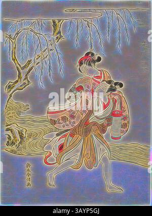 Un personnage gracieux vêtu d'une tenue traditionnelle porte une lanterne tout en marchant le long d'un chemin sinueux à côté d'un saule pleureur. La scène capture la beauté d'un moment élégant, rehaussé de lignes fluides et de couleurs éclatantes. The Elopement (parodie of Akutagawa épisode from Tales of ISE), c. 1767, Suzuki Harunobu 鈴木 春信, japonais, 1725 ( ?)-1770, Japon, gravure sur bois couleur, chuban, 27,9 x 20,4 cm (11 x 8 po) Art classique avec une touche moderne réinventé par Artotop Banque D'Images