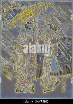 Deux personnages élégamment habillés, ornés d'une tenue traditionnelle, se promènent sous un grand parapluie, entourés d'un motif complexe de feuilles et de fleurs. La scène dégage un sentiment de grâce et de richesse culturelle. A Young Male Actor on Parade in Autumn Rain, c. 1765/70, Suzuki Harunobu 鈴木 春信, japonais, 1725 ( ?)-1770, Japon, impression couleur sur bois, chuban, 27,4 x 20,0 cm Art classique avec une touche moderne réinventée par Artotop Banque D'Images