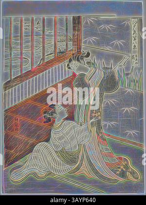 Deux femmes élégamment habillées sont représentées dans un cadre traditionnel, l'une debout gracieusement tandis que l'autre s'agenouille, atteignant d'un geste délicat. Le fond présente des éléments de la nature et des détails architecturaux, améliorant l'atmosphère sereine. Les couleurs éclatantes et les lignes complexes ajoutent une qualité dynamique à la scène. Oies descendant à Yoshiwara (Yoshiwara no rakugan), de la série huit vues des quartiers de plaisance d'Edo (Edo irozato hakkei), c. 1770/72, Isoda Koryusai, japonais, 1735-1790, Japon, impression sur bois couleur, chuban, 10 1/8 x 7 1/2 po. Art classique avec un moderne Banque D'Images