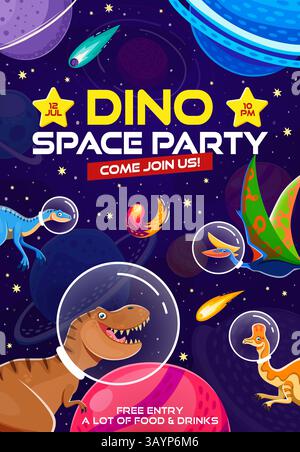 Flyer de fête pour enfants avec des astronautes Dino dans l'espace. Affiche d'invitation festive, vibrante et ludique pour les enfants avec des dinosaures de bande dessinée dans cosmonaute Illustration de Vecteur
