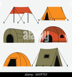 Divers types de tente, y compris la tente de dôme, la tente de tunnel, la tente de cadre En A, l'abri de canopée, et plus encore. pour les guides de camping, les équipements de plein air et les thèmes d'aventure. Illustration de Vecteur