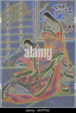 Deux femmes élégamment habillées sont représentées dans des vêtements fluides et ornés, entourées d'un intérieur serein qui présente des motifs complexes et une fenêtre révélant un soupçon de nature à l'extérieur. Leurs poses véhiculent un sentiment de grâce et de tranquillité, soulignant la beauté de la tenue traditionnelle. La troisième princesse et son chaton, d'une série sans titre de dames de cour, c. 1784, Torii Kiyonaga, japonais, 1752-1815, Japon, impression sur bois couleur, oban, 36,9 x 25,5 cm Art classique avec une touche moderne réinventée par Artotop Banque D'Images