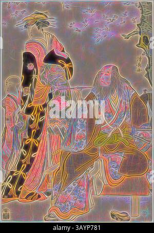 Une scène vibrante représentant un cadre japonais traditionnel, mettant en scène une femme élégamment habillée dans un kimono élaboré debout à côté d'un homme âgé assis avec un instrument de musique. Le fond est orné de motifs floraux délicats, mettant en valeur la richesse culturelle du moment. Les acteurs Ichikawa Danjuro V dans le rôle de Hige no Ikyu, Nakamura Riko dans le rôle d'Agemaki, et Ichikawa Ebizo dans le rôle de accompagnateur d'Agemaki dans la pièce Sukeroku Yukari no Edozakura au théâtre Nakamura dans le troisième mois, 1784, 1784, Torii Kiyonaga, japonais, 1752-1815, Japon, impression sur bois couleur, feuille droite du diptyque oban, 35,4 Banque D'Images