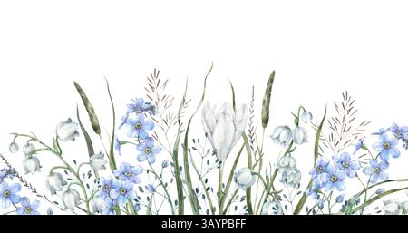 Délicats oublies-me-Nots, crocus blancs, lys de la vallée, verdure forestière et herbes séchées. Composition botanique aquarelle pour les vacances de printemps Banque D'Images