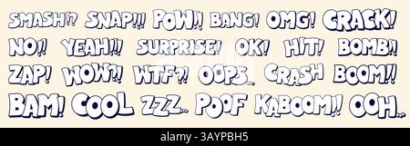 Noir et blanc bulles de discours textes Smash Snap Pow Bang OMG Crack No Yeah surprise OK Hit Bomb Zap Wow WTF Oops Crash Boom Bam Cool ZZZ Poof Kaboom Oh. Illustration de Vecteur