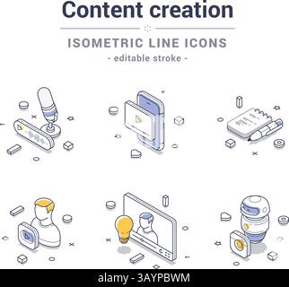 Collection d'icônes de ligne isométrique représentant divers aspects de la création de contenu, y compris des outils tels que des microphones, des caméras et des logiciels d'édition. Illustration de Vecteur