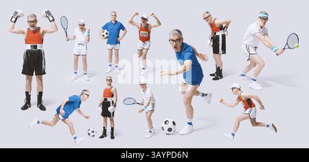 Homme expressif pratiquant différents sports : boxe, tennis, course à pied et football, collection de portraits isolés sur fond blanc Banque D'Images