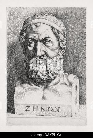 Gravure du Portrait du philosophe grec Zénon d'Elea réalisée au XVIIe siècle par Jan de Bisschop. Banque D'Images