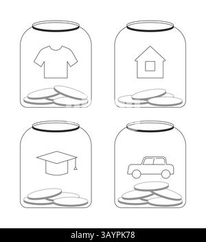 Catégories d'allocation budgétaire dans les bocaux en verre 2D ensemble d'objets de ligne Illustration de Vecteur