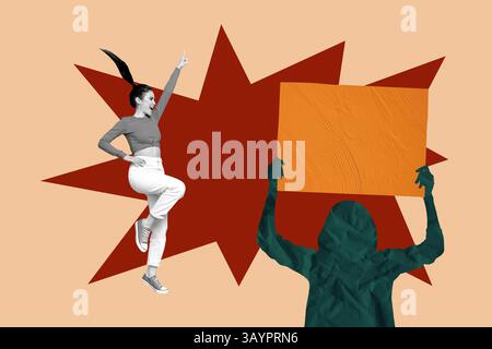 Poster croquis image illustration 3D collage photo de jeune femme excité saut féminisme main tenir placard référendum vote citoyen leader social Banque D'Images