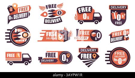 Étiquette de livraison rapide. Badge de livraison rapide avec icônes de camion, fusée, boîte et horloge, étiquettes de service de livraison rapide. Ensemble de bannières d'expédition express de vecteur Illustration de Vecteur