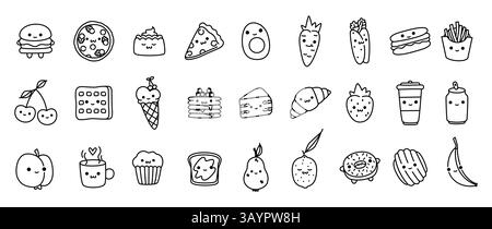 Icônes de personnages culinaires mignons. Collation de dessin animé et autocollants de menu de doodle de restauration rapide avec des visages drôles, mascottes heureuses de légumes et de desserts, collation drôle Illustration de Vecteur
