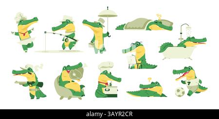 Animal alligator mignon. Personnages de crocodiles de dessins animés, mascottes de reptiles d'activité d'alligators enfantins drôles, crocodiles plats joyeux de zoo animalier. Vecteur Illustration de Vecteur