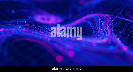 Gros plan sur les schémas de tourbillon Big Data dans le cyberespace futuriste. Flux tourbillonnaire de données dans un réseau numérique quantique. Flux qubit néon avec DOF. Banque D'Images