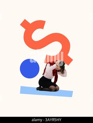 Collage d'art contemporain. Femme s'agenouille sous le symbole de l'argent géant dans la détresse émotionnelle, symbolisant l'inégalité et le stress financier. Banque D'Images