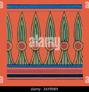 Un motif géométrique répétitif avec des feuilles allongées et des éléments circulaires, placé sur un fond vibrant et chaleureux. Le design combine des lignes audacieuses et des détails complexes, créant un effet visuel saisissant. Ornement égyptien Art classique avec une touche moderne réinventée par Artotop Banque D'Images