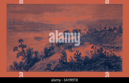 Une scène sereine au bord de la rivière représentant des personnages se livrant à des activités tranquilles, entouré d'une végétation luxuriante et de collines lointaines, avec un bateau naviguant sur l'eau en arrière-plan. La guerre Zulu : embouchure de la rivière Tugela de Fort Pearson 1879 Art classique avec une touche moderne réinventé par Artotop Banque D'Images