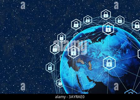 Treillis métallique interconnecté avec des icônes de cadenas à ses nœuds entourant la planète Terre dans l'espace extra-atmosphérique. Cybersécurité, transmission de données sécurisée, VPN Banque D'Images