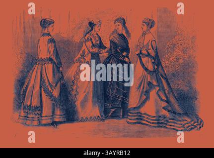 Un groupe de femmes élégamment habillées dans des robes vintage, engagées dans la conversation au milieu d'une toile de fond pittoresque, mettant en valeur la mode et le style d'une époque révolue. Paris Fashions pour septembre France 1867 Art classique avec une touche moderne réinventé par Artotop Banque D'Images