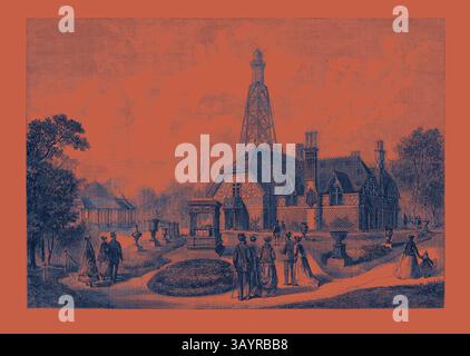 Une scène vintage représentant un grand domaine avec des caractéristiques architecturales distinctes, entouré de personnages élégamment habillés. Une tour ornée s'élève en arrière-plan, évoquant le progrès industriel, tandis que des jardins méticuleusement aménagés renforcent l'atmosphère sereine. The English Cottage et Terra-Cotta Boiler-House dans la section britannique du Parc de l'exposition de Paris France 1867 Art classique avec une touche moderne réinventé par Artotop Banque D'Images