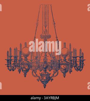 Un lustre orné de motifs complexes et de multiples bougeoirs suspendus par de délicates chaînes se démarque sur un fond éclatant. Exposition internationale de Paris : lustre, France 1867 Art classique avec une touche moderne réinventé par Artotop Banque D'Images