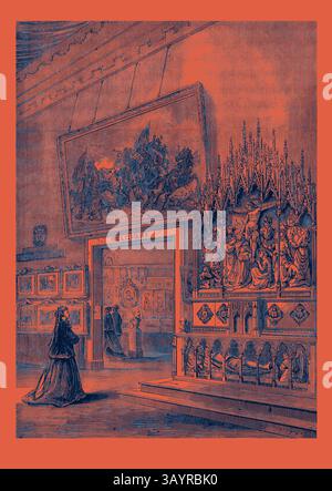 Une figure dans une robe élégante se dresse devant une entrée de galerie richement décorée, encadrée par des œuvres d'art complexes et un majestueux retable. L'espace est rempli de diverses œuvres d'art, créant un mélange d'intensité et de révérence, tandis que les visiteurs admirent l'artisanat exquis exposé. Exposition internationale de Paris : exposition des Beaux-Arts dans la section belge France 1867 Art classique avec une touche moderne réinventé par Artotop Banque D'Images